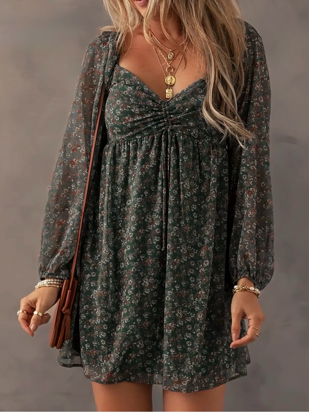 Floral Empire-Waist Long Sleeve Mini Dress in Deep Green